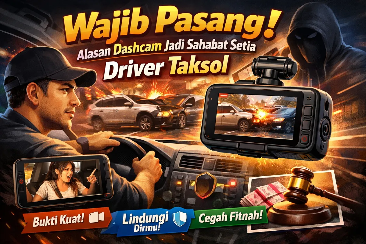 Kamera dashcam terpasang di kaca depan mobil taksi online