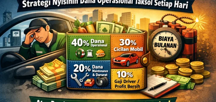 Driver taksi online sedang mengatur keuangan di HP untuk cicilan mobil